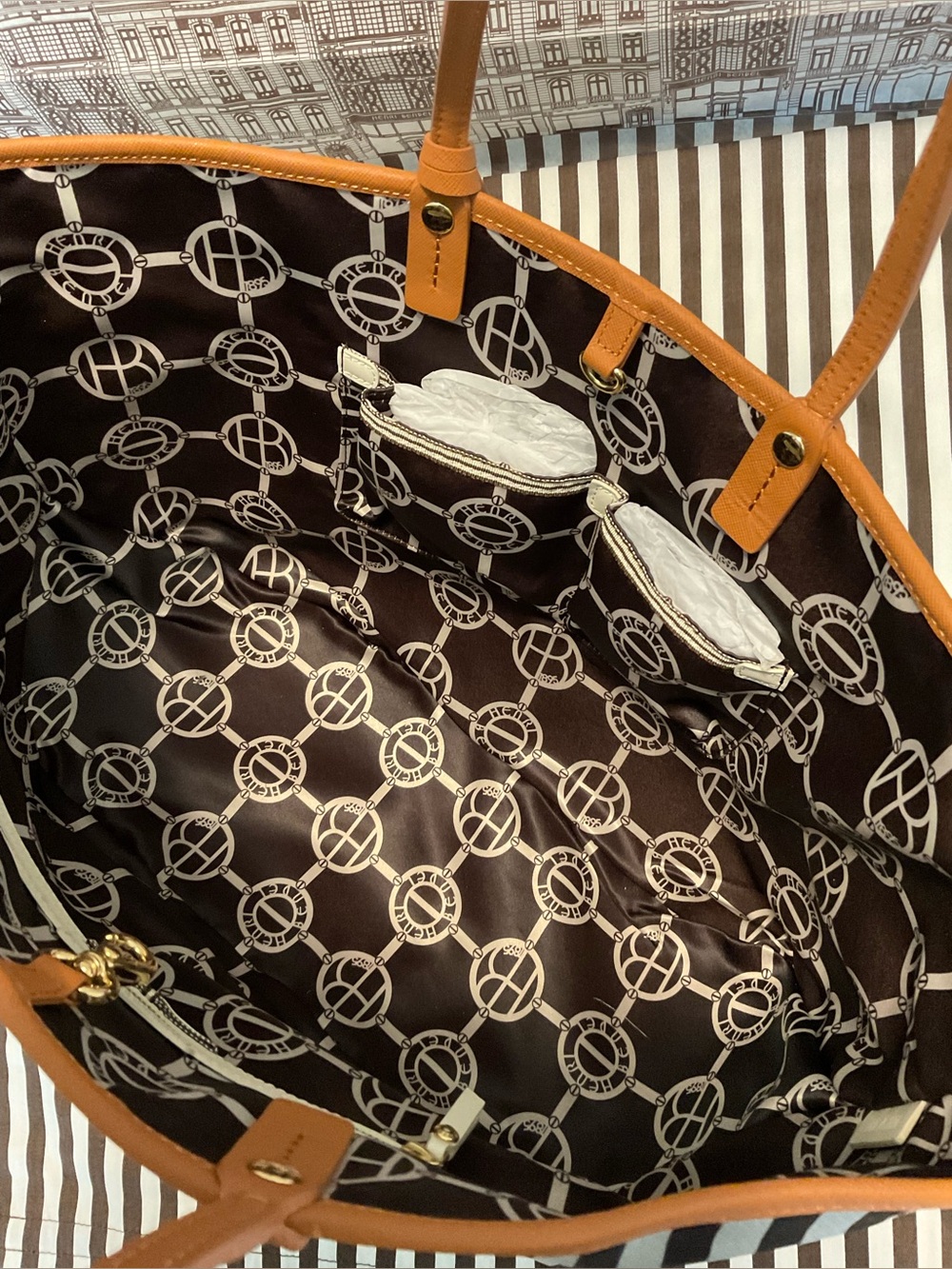 Henri Bendel Mink and Silver Premium Stripe Tote with  Chestnut Saffiano Trim - Picture 12 of 16